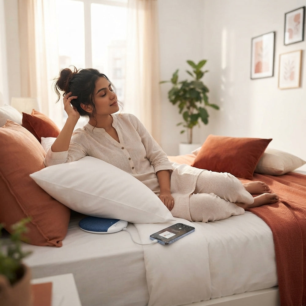 A young Indian professional using a compact Bluetooth pillow speaker on a bed in a modern, terracotta-toned room.